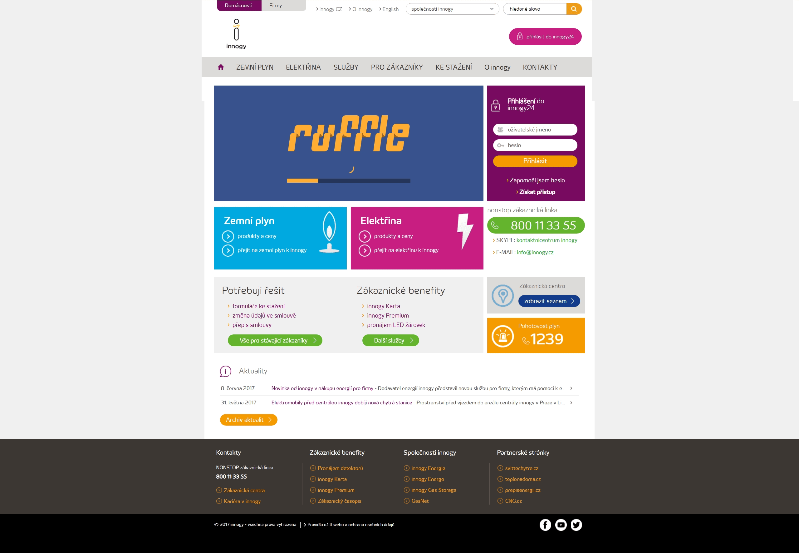 innogy.cz homepage with sections for households and businesses, gas and electricity tiles, a login to innogy24 and the non-stop customer line