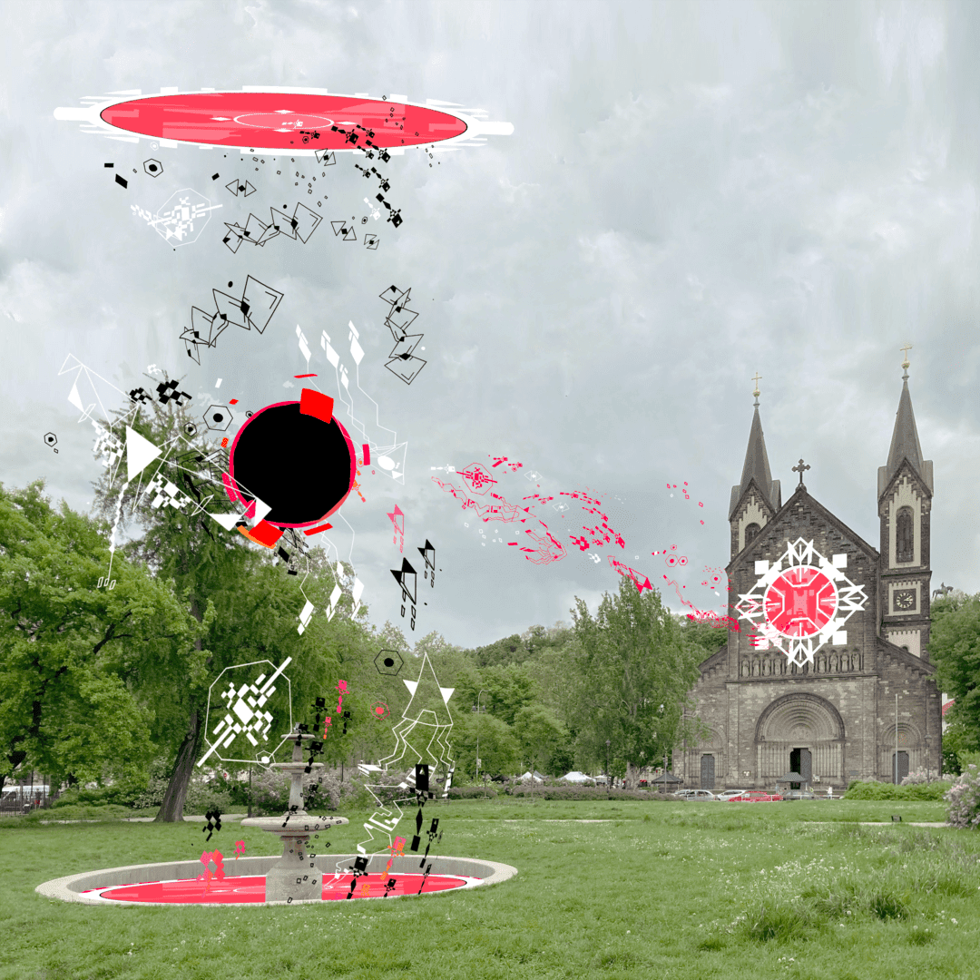 Augmented reality artwork Visitors by Longyi floating above the park at Karlínské náměstí in Prague