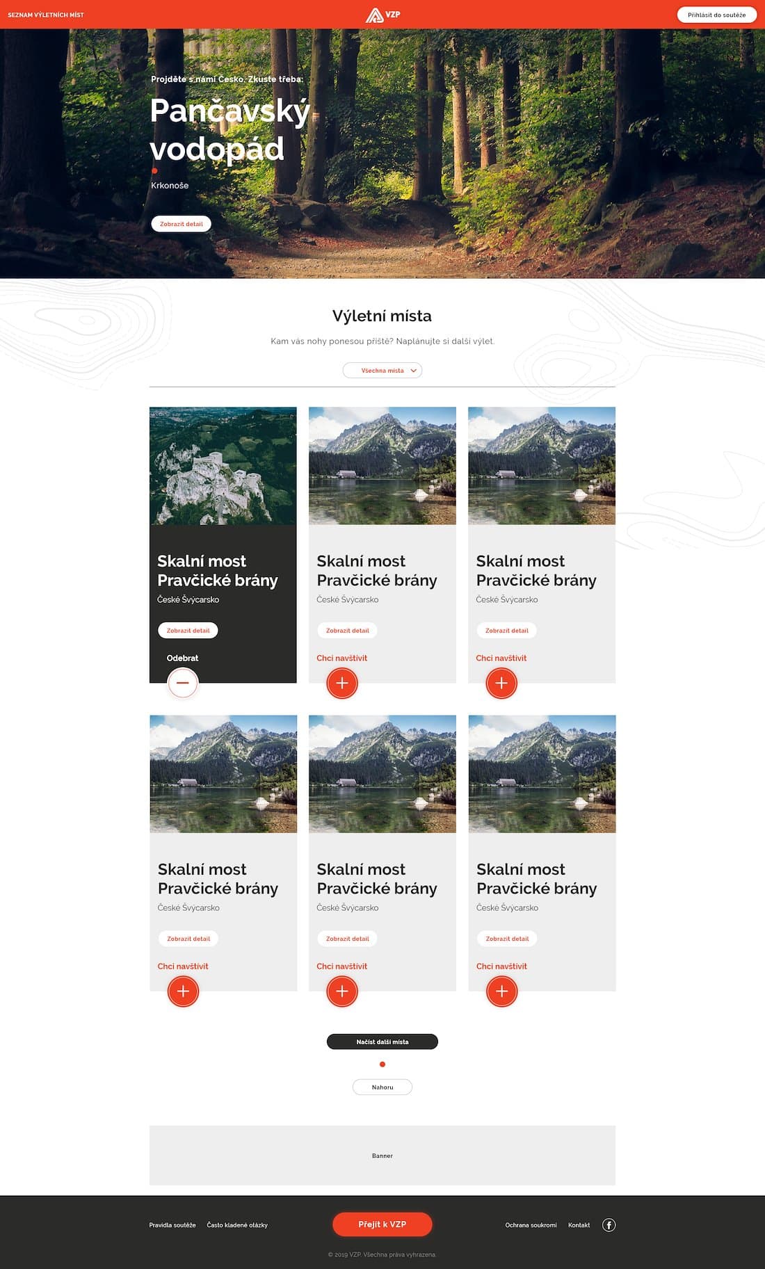 List of trip destinations with cards to add places to a personal plan